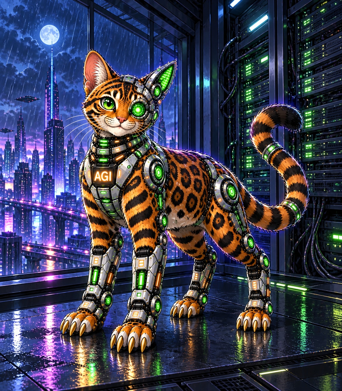AGI cybernetic feline overlooking the paired tokenized $NVDA stock city
